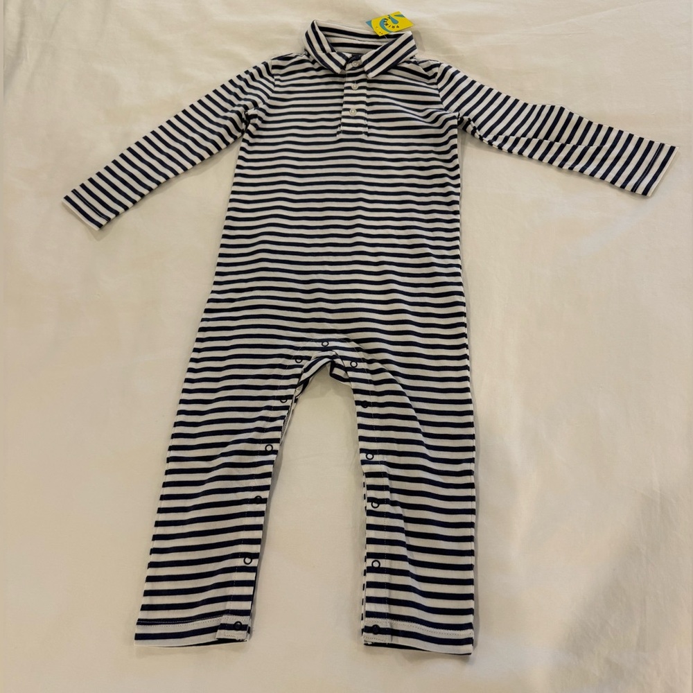 Primary baby long sleeve polo romper in mini stripe - ivory/sunwashed navy